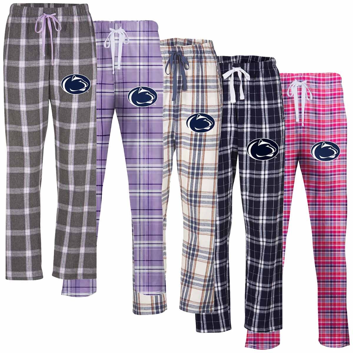 women's charcoal, lavender, natural oatmeal, navy, and pink plaid flannel pants with Penn State Athletic Logo on left thighs
